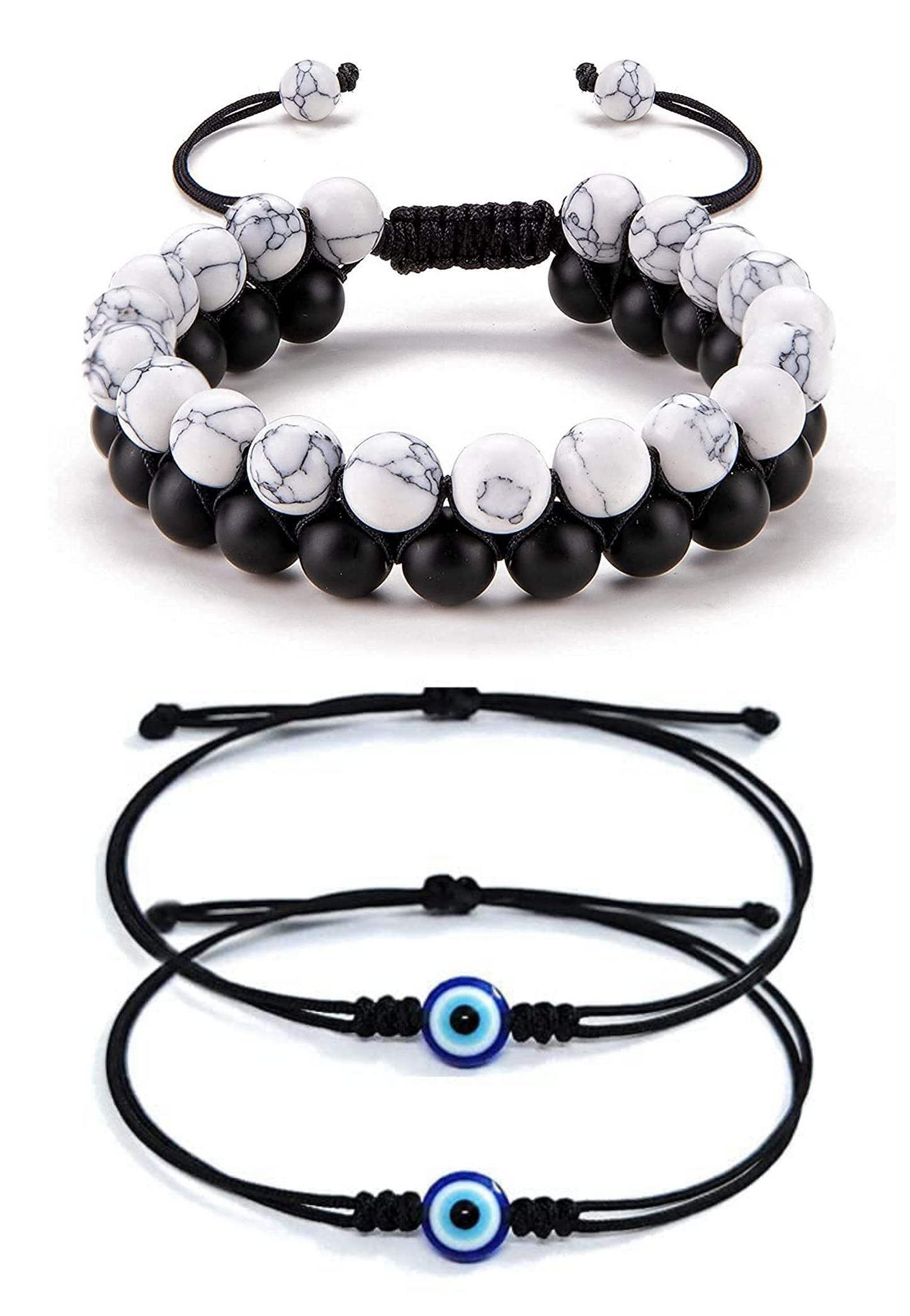 Jewellery White Black Stone Bracelet & Black Evil Eye Thread Bracelet | Nazar Battu | Adjustable for Women, Girls, Men & Boys - 3 Piece Set