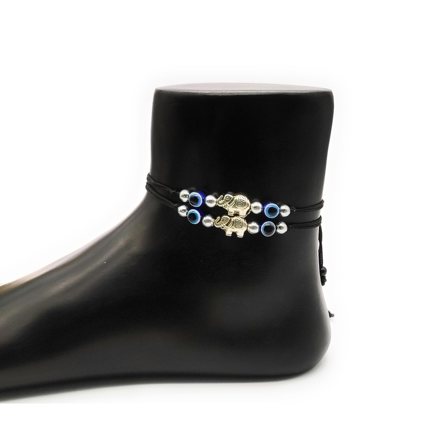 German Silver Evil Eye + Elephant Ball Charms Black Thread Adjustable Anklet for Women and Girls