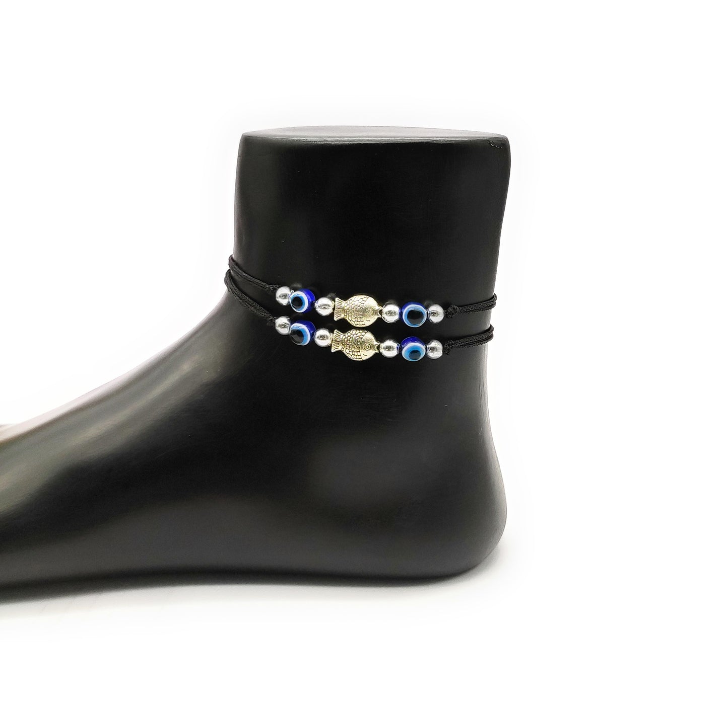 German Silver Evil Eye + Fish Ball Charms Black Thread Adjustable Anklet for Women and Girls