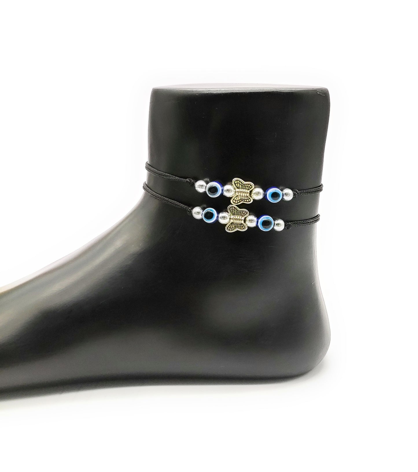 German Silver Evil Eye + Butter Fly Ball Charms Black Thread Adjustable Anklet for Women and Girls