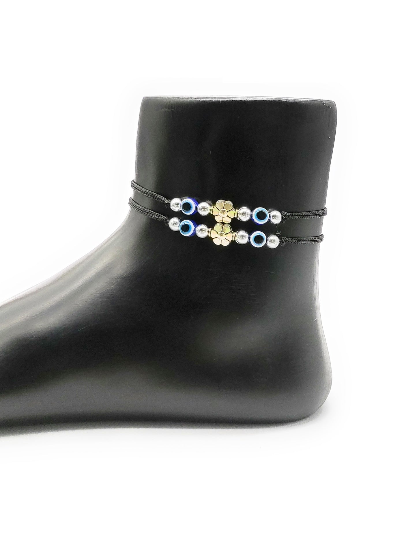 German Silver Evil Eye + Flower Ball Charms Black Thread Adjustable Anklet for Women and Girls