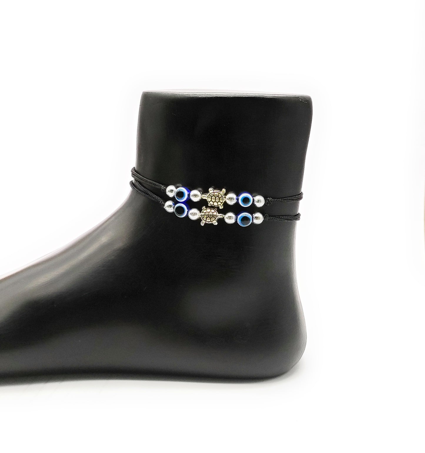 German Silver Evil Eye + Tortoise Ball Charms Black Thread Adjustable Anklet for Women and Girls