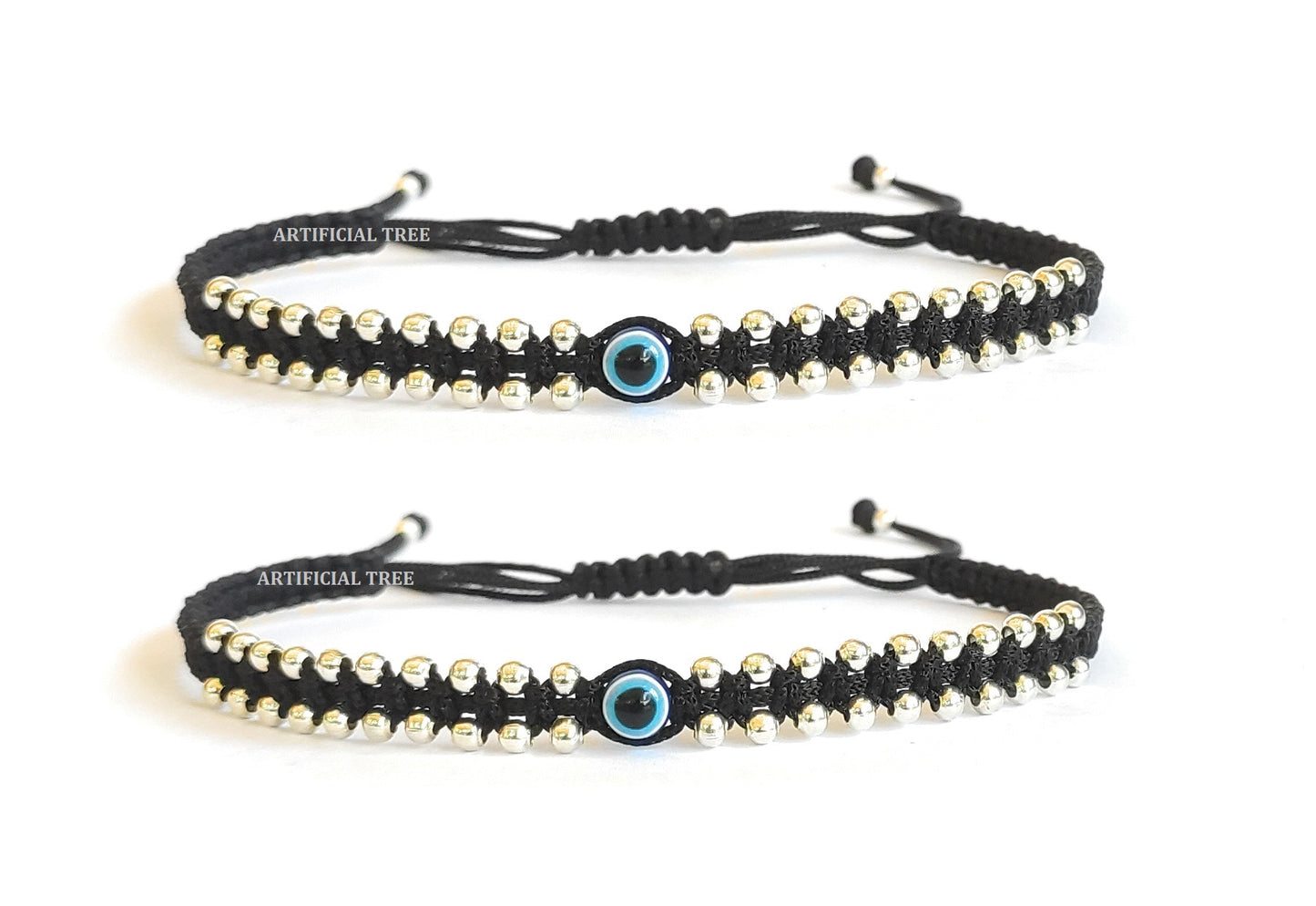 German Silver Charms Black Thread Adjustable Anklets for Women and Girls | Nazar Battu - 2 Piece Set