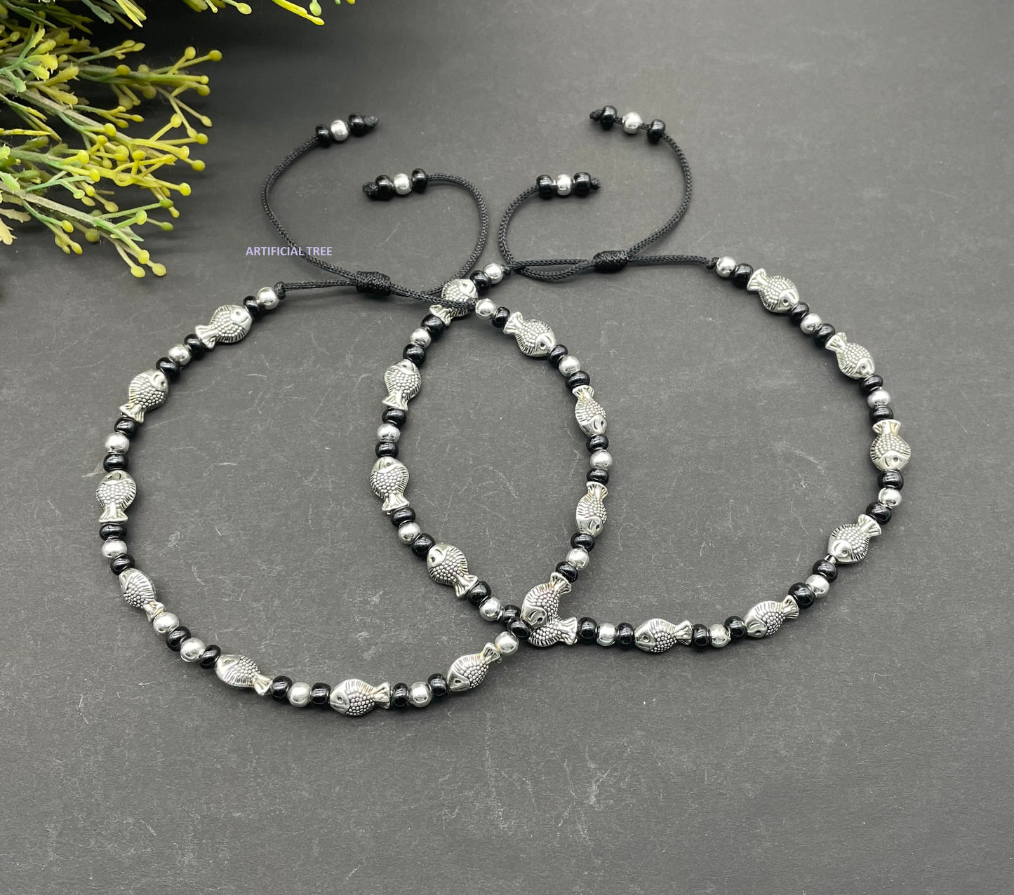 German Silver FISH Charms Black Thread Adjustable Anklets for Women and Girls | Nazar Battu |