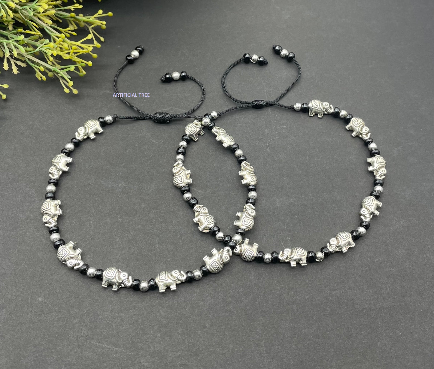 German Silver Elephant Charms Black Thread Adjustable Anklets for Women and Girls | Nazar Battu |