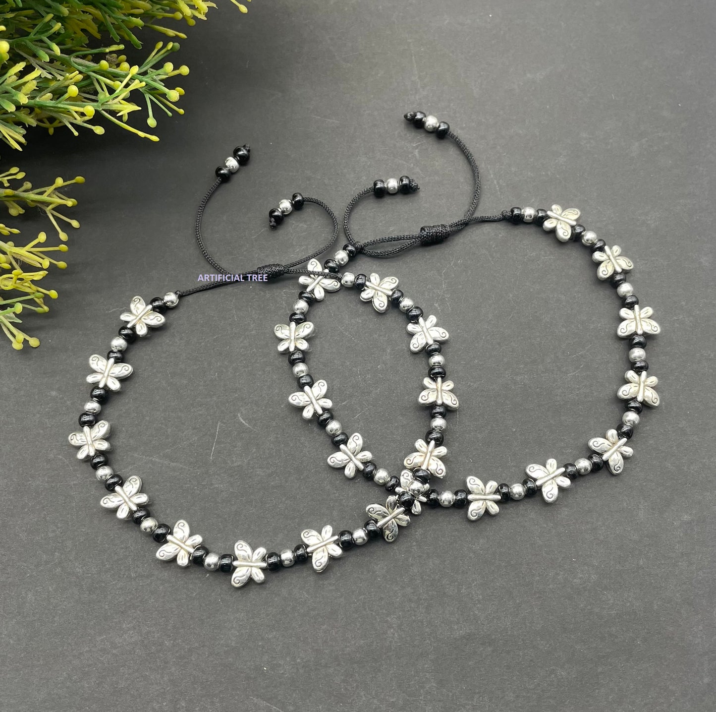 German Silver Butterfly Charms Black Thread Adjustable Anklets for Women and Girls | Nazar Battu |