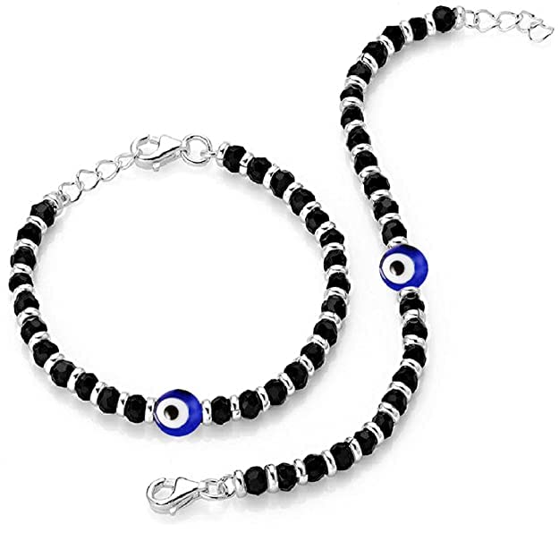 Exclusive German Silver Charm Evil Eye Nazariya Bracelet with Black & Silver Beads (Crystal) for Baby Boys & Girls | Adjustable Bracelet for Newborns & Toddlers