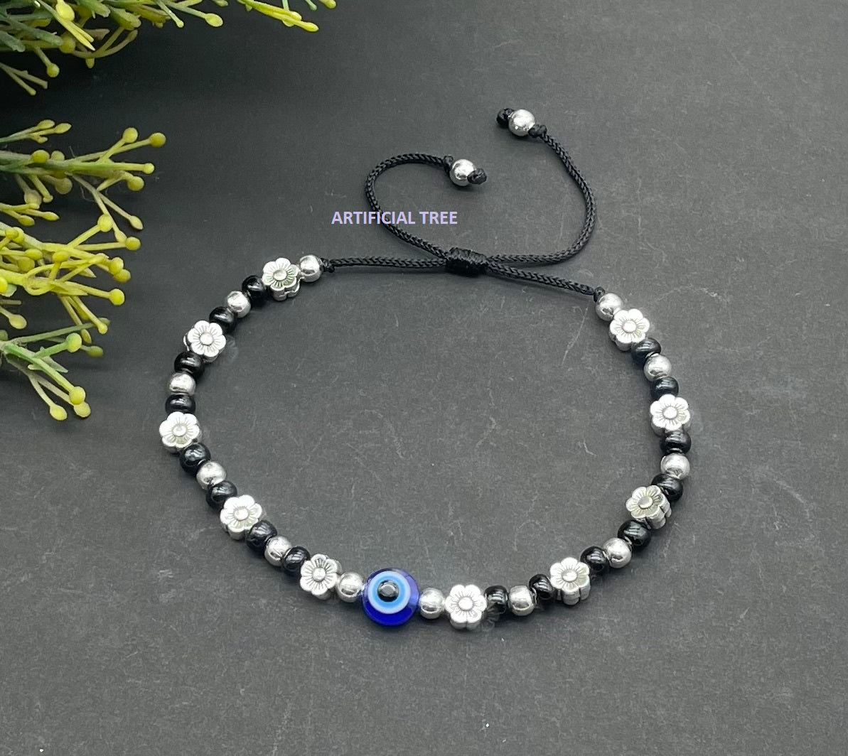 Handmade Nazariya FLOWER & Evil Eye Charms Black Thread Bracelet Adjustable| Nazar Battu | for Women, Men, Girls & Boys 1 Piece