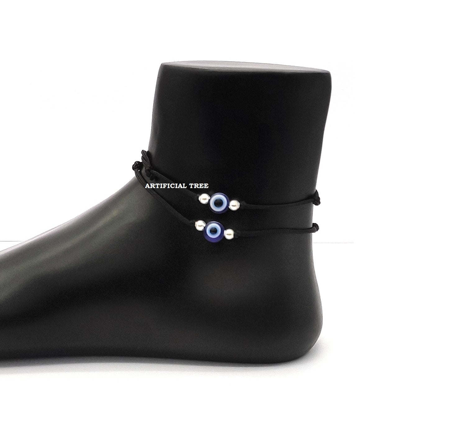 German Silver 2 Ball + Evil Eye Charms Black Thread Adjustable Anklet for Women and Girls