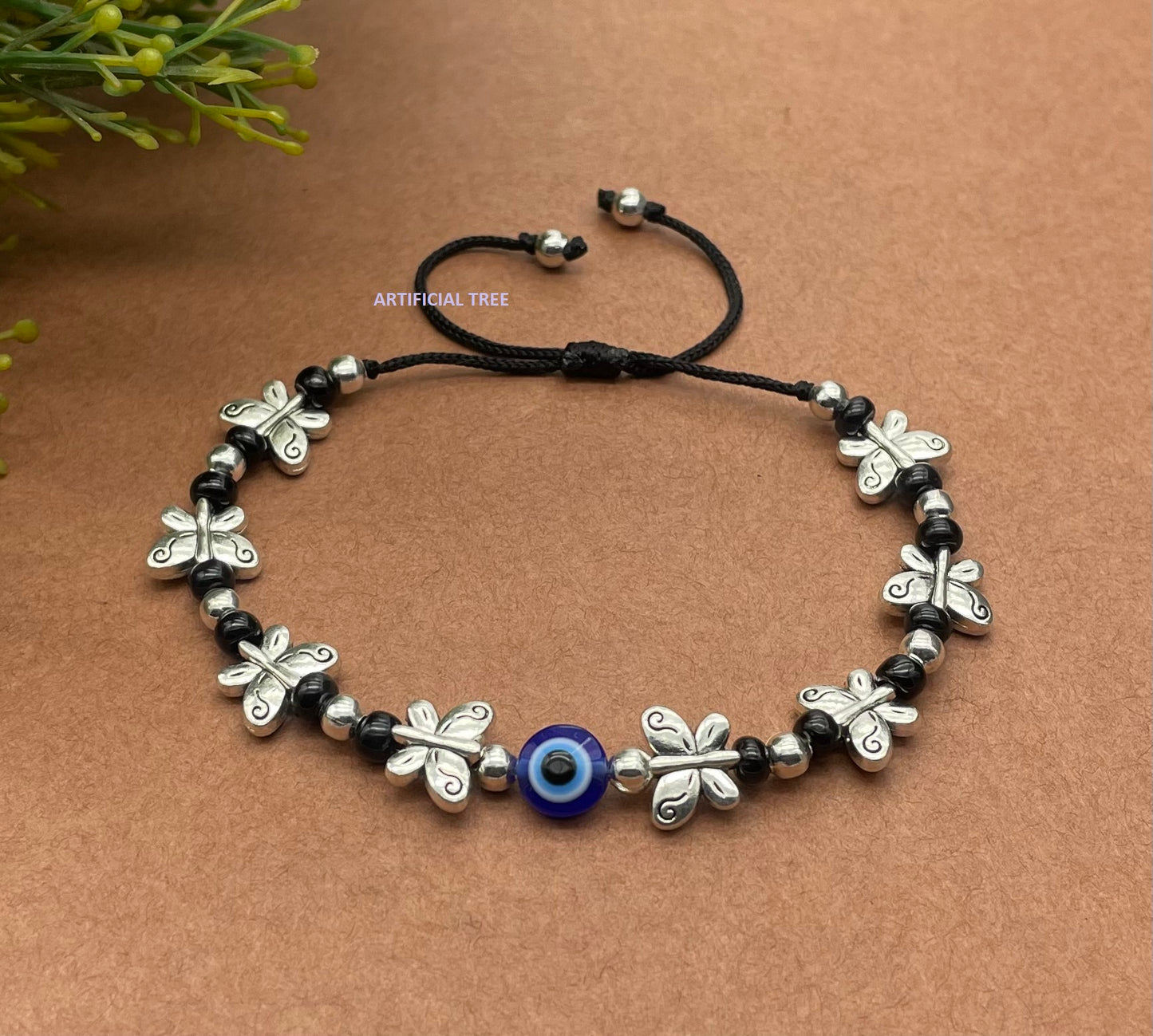 Handmade Nazariya BUTTERFLY & Evil Eye Charms Black Thread Bracelet Adjustable for Women, Men, Girls & Boys 1 Piece