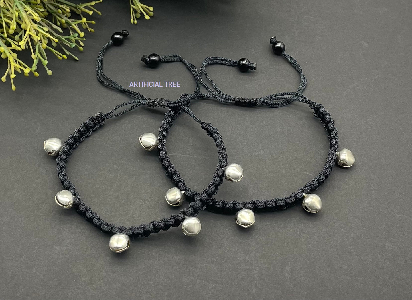 German Silver 5 Ghungroo Charms Black Thread Adjustable Anklet for Women and Girls