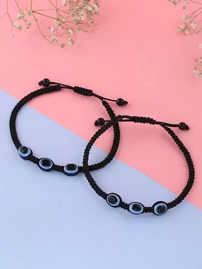 JEWELS 2-Piece Evil Eye Black Thread Knot Anklets | Adjustable Single Charm Anklets for Women and Girls | Trendy Protective Anklets