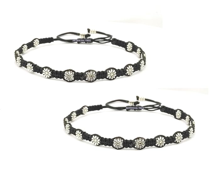 Handmade Black Thread Flower Nazariya Anklet | Payal For Women, Girls 2 piece