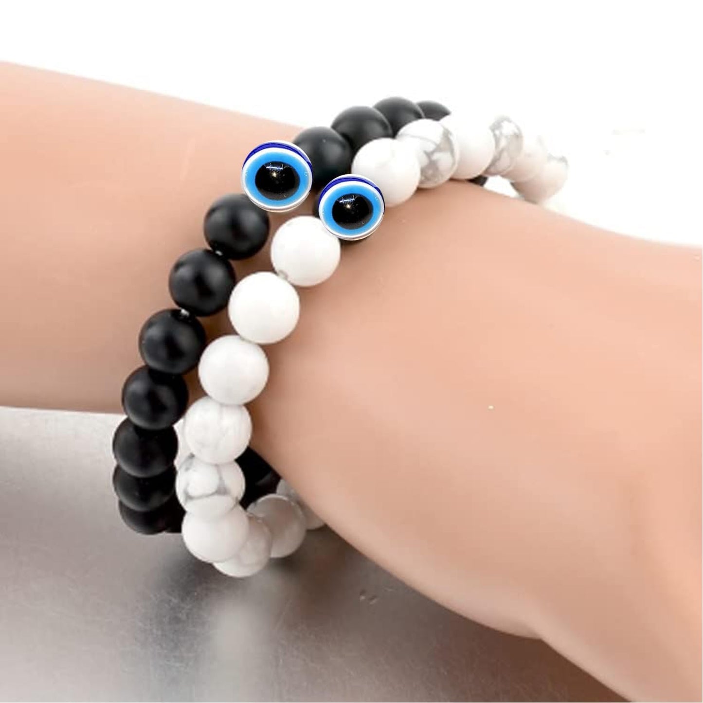 Black White Ball Nazariya Stretchable Bracelet Adjustable for Women, Men, Girls & Boys 4 Piece