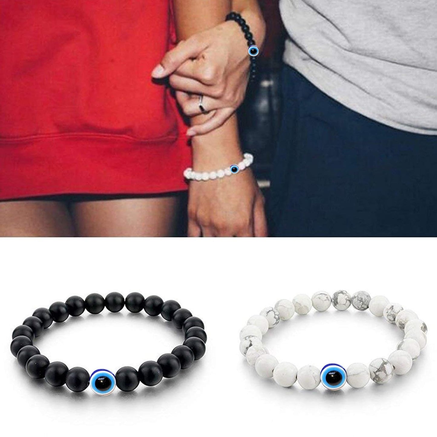 Black White Ball Nazariya Stretchable Bracelet Adjustable for Women, Men, Girls & Boys 4 Piece