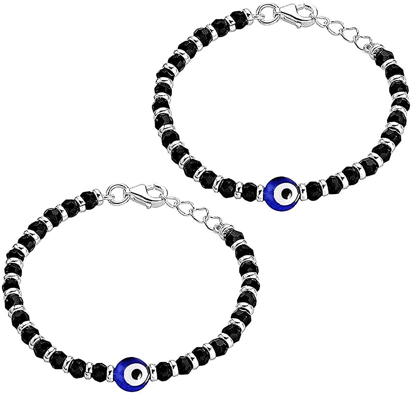 Exclusive German Silver Charm Evil Eye Nazariya Bracelet with Black & Silver Beads (Crystal) for Baby Boys & Girls | Adjustable Bracelet for Newborns & Toddlers