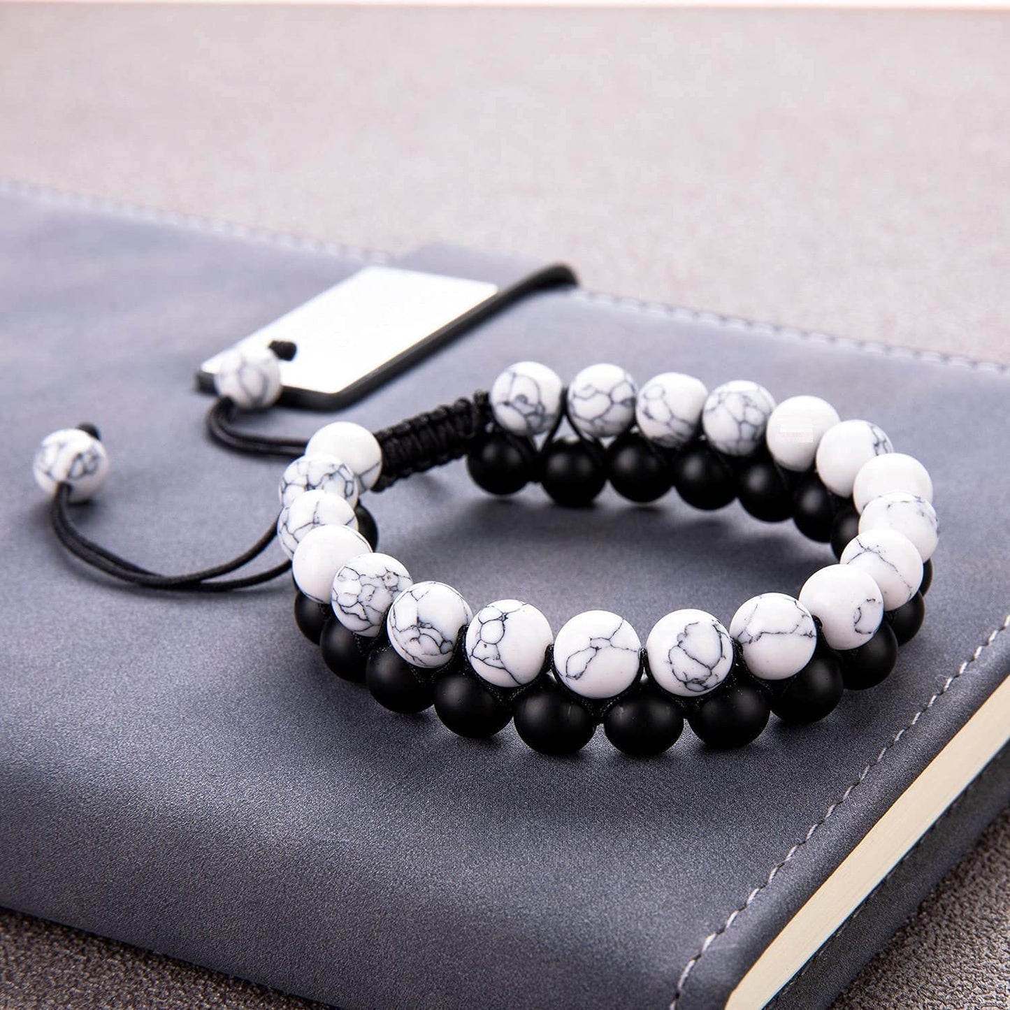 Jewellery White Black Stone Bracelet & Black Evil Eye Thread Bracelet | Nazar Battu | Adjustable for Women, Girls, Men & Boys - 3 Piece Set