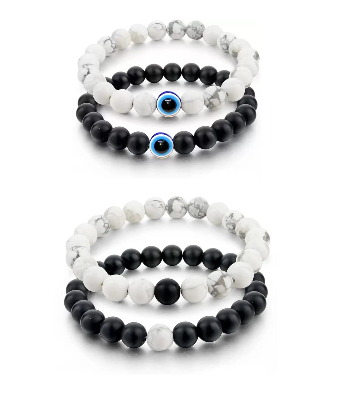 Black White Ball Nazariya Stretchable Bracelet Adjustable for Women, Men, Girls & Boys 4 Piece