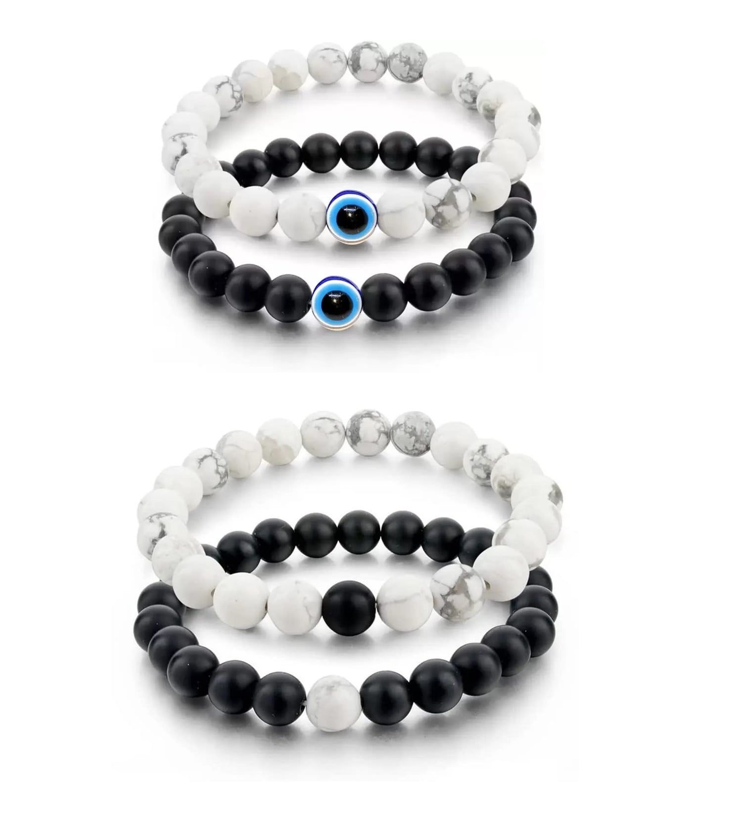 Black White Ball Nazariya Stretchable Bracelet Adjustable for Women, Men, Girls & Boys 4 Piece
