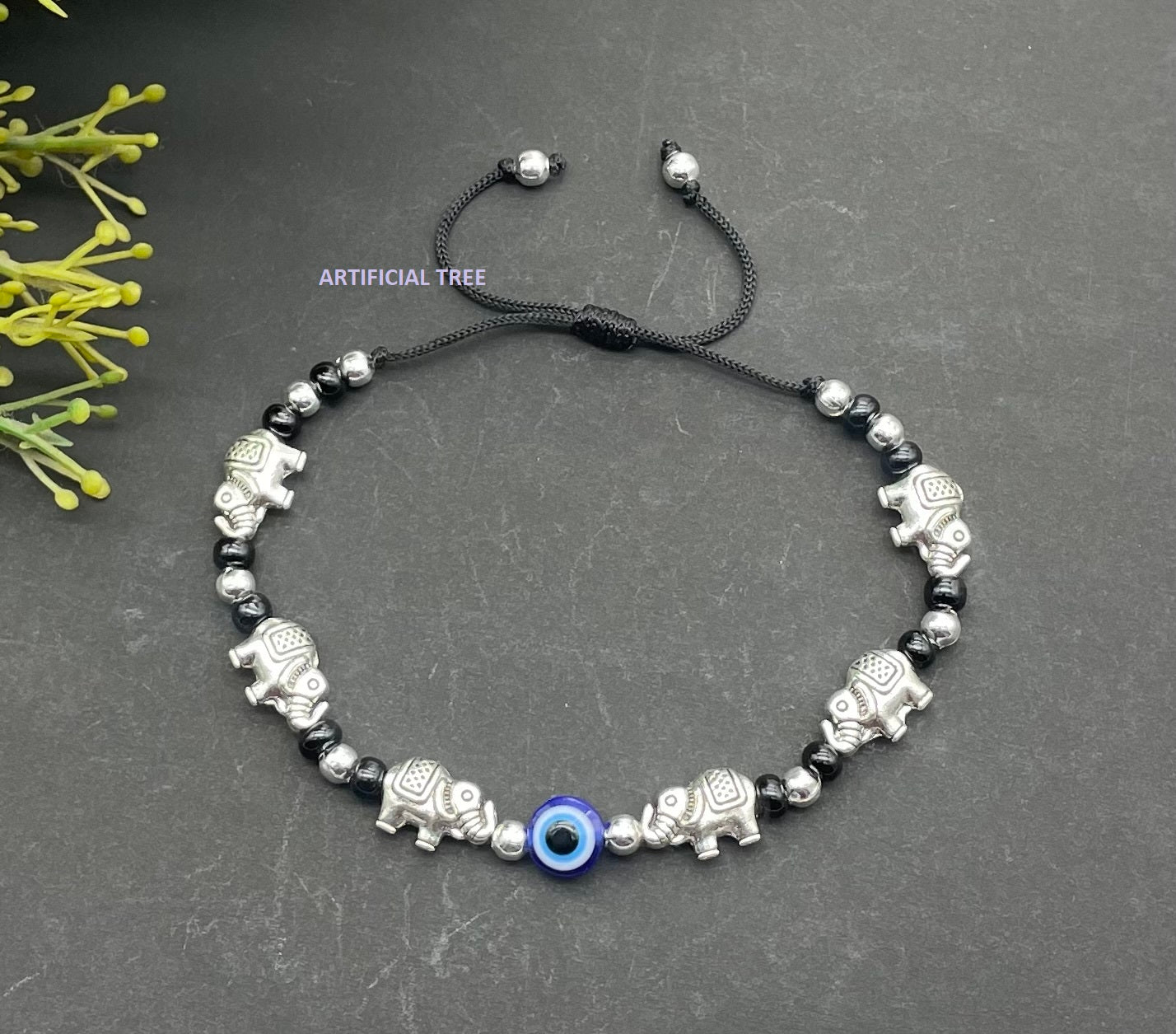 Handmade Nazariya ELEPHANT & Evil Eye Charms Black Thread Bracelet Adjustable for Women, Men, Girls & Boys 1 Piece