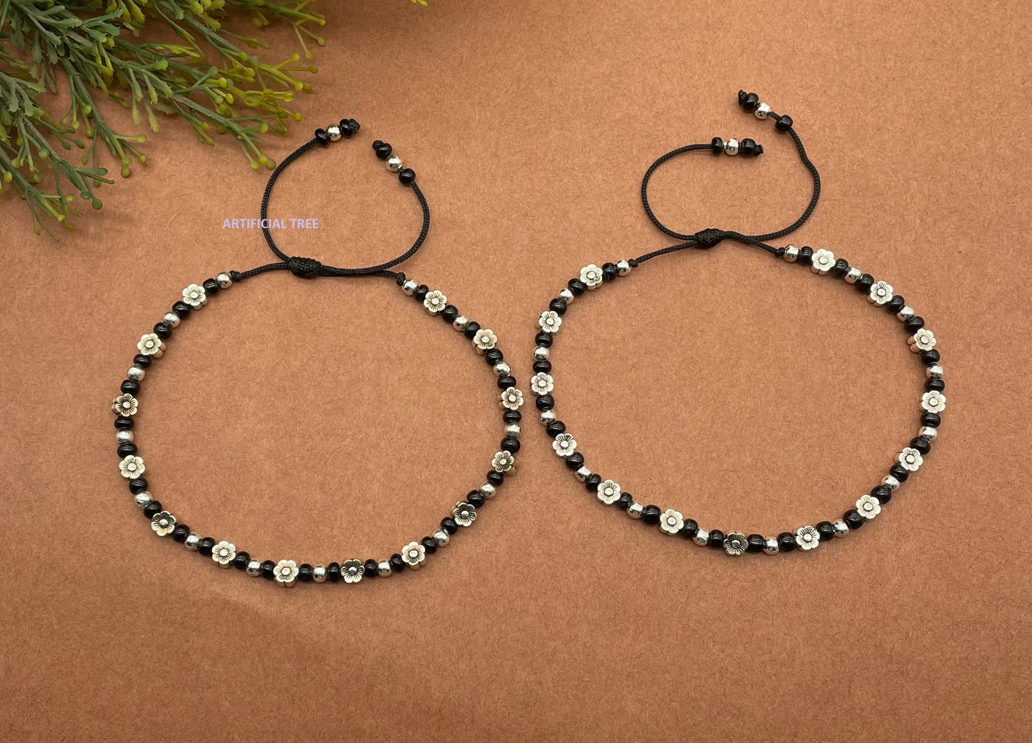 German Silver FLOWER Charms Black Thread Adjustable Anklets for Women and Girls | Nazar Battu |