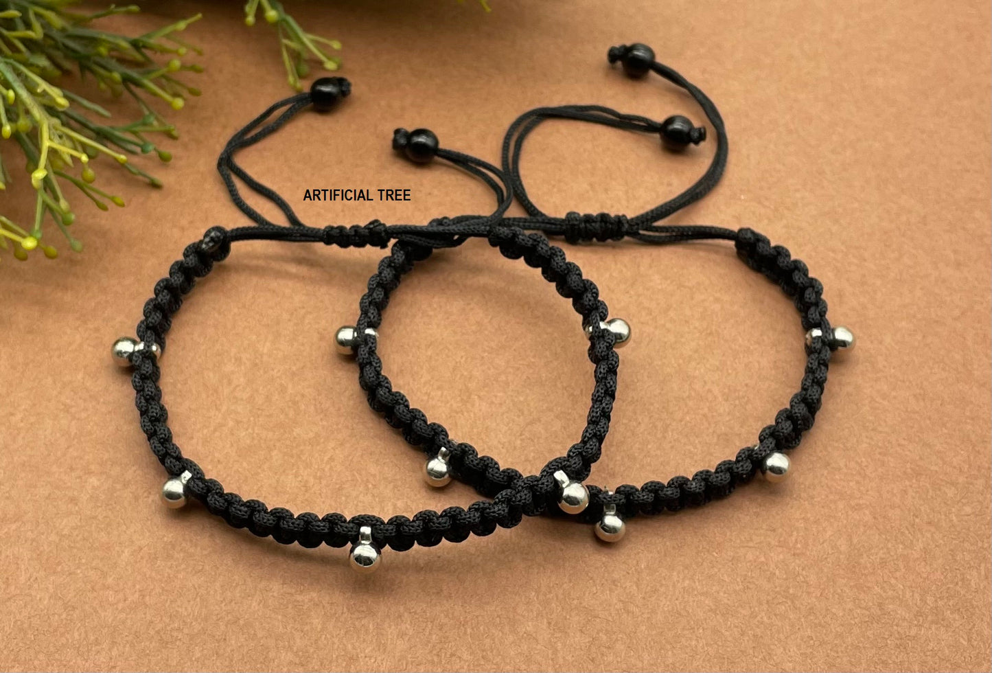 German Silver Hanging Ball Charms Black Thread Adjustable Anklet for Women and Girls