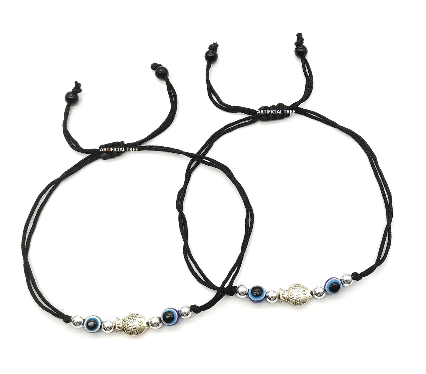 ARTIFICIAL TREE German Silver Evil Eye + Fish Ball Charms Black Thread Adjustable Anklet for Women and Girls (AT ANK 053)