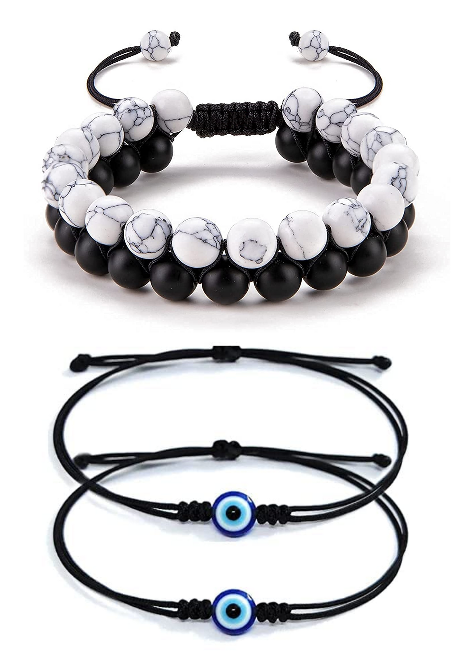 ARTIFICIAL TREE Jewellery White Black Stone Bracelet & Black Evil Eye Thread Bracelet | Nazar Battu | Adjustable for Women, Girls, Men & Boys - 3 Piece Set (AT GIRLS BRCT 072)