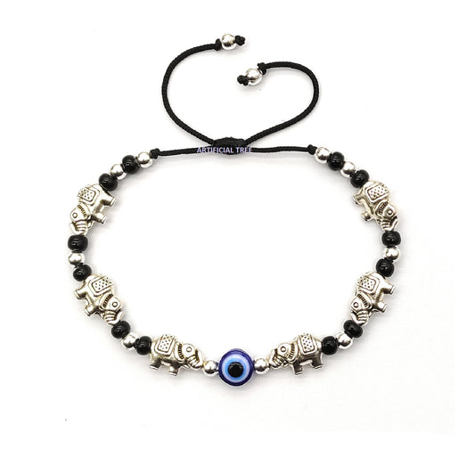 ARTIFICIAL TREE Handmade Nazariya ELEPHANT & Evil Eye Charms Black Thread Bracelet Adjustable for Women, Men, Girls & Boys 1 Piece (AT GIRLS BRCT 047)