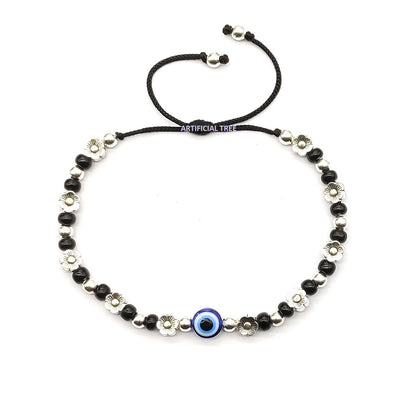 ARTIFICIAL TREE Handmade Nazariya FLOWER & Evil Eye Charms Black Thread Bracelet Adjustable| Nazar Battu | for Women, Men, Girls & Boys 1 Piece(AT GIRLS BRCT 049)