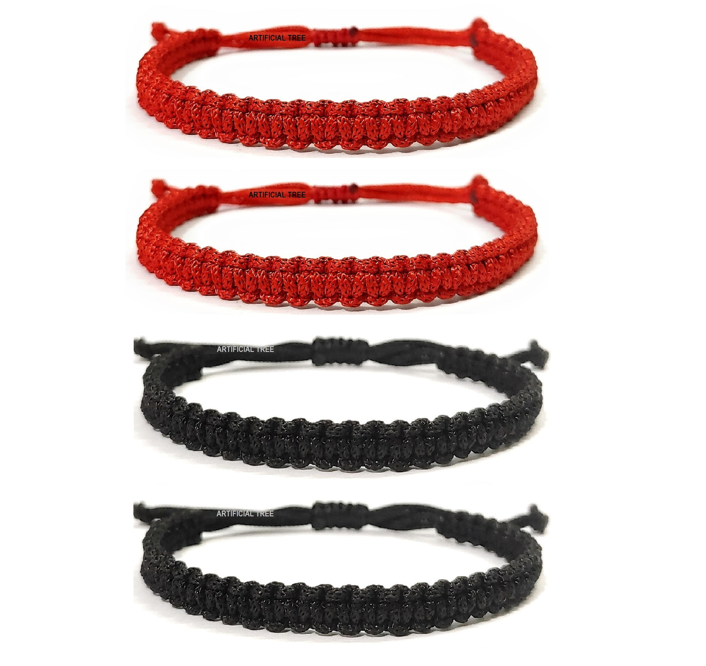 ARTIFICIAL TREE HANDMADE NAZAR DHAGA BRACELET ADJUSTABLE FRIENDSHIP BAND FOR WOMEN MEN- 2 RED 2 BLACK 4 Piece (AT GIRLS BRCT 052)