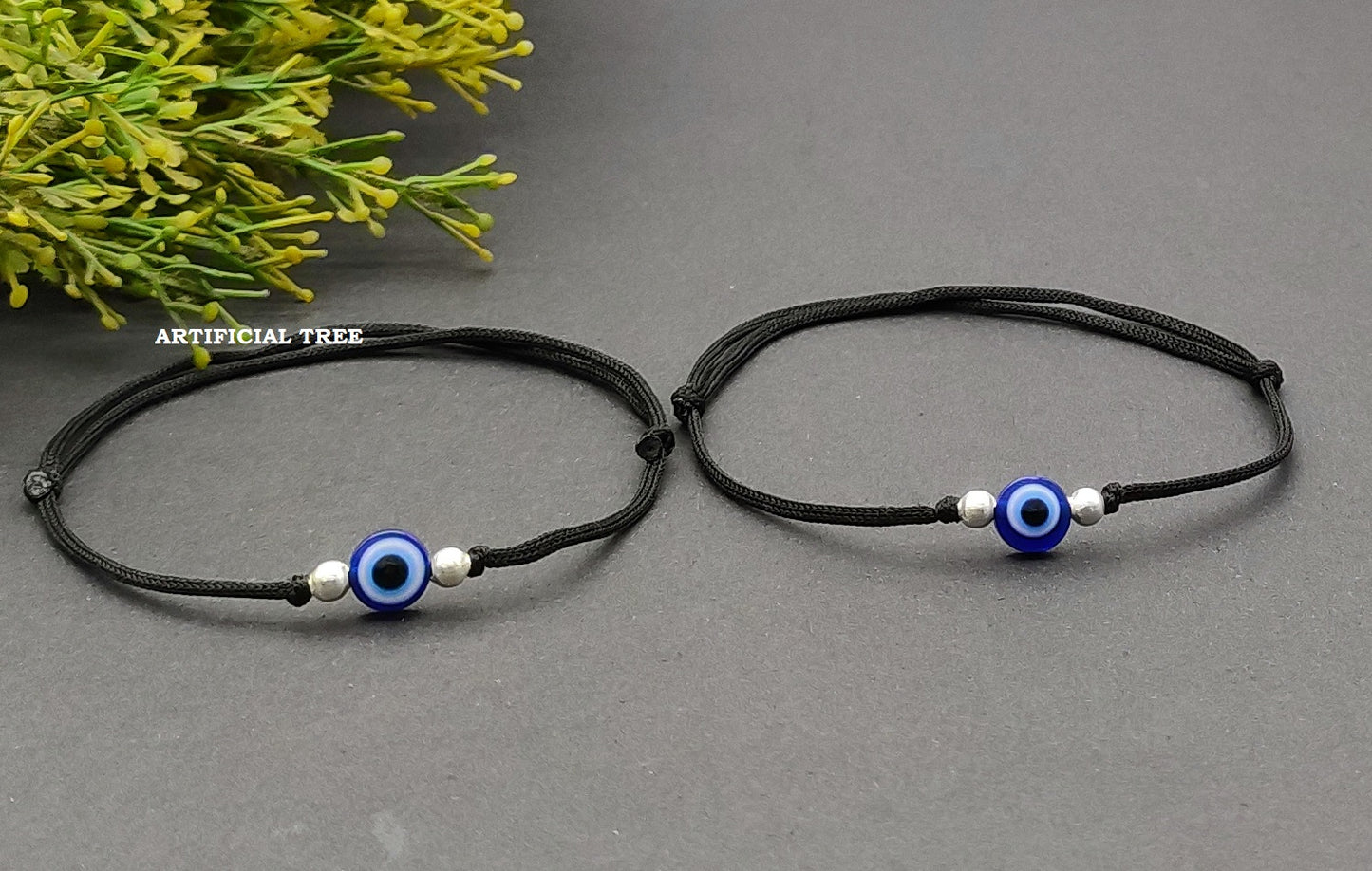 ARTIFICIAL TREE German Silver 2 Ball + Evil Eye Charms Black Thread Adjustable Anklet for Women and Girls (AT ANK 037)