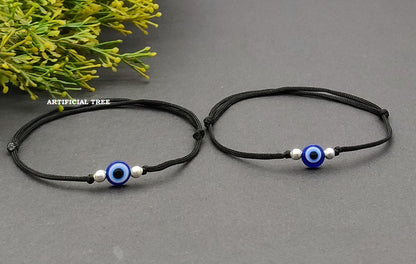 ARTIFICIAL TREE German Silver 2 Ball + Evil Eye Charms Black Thread Adjustable Anklet for Women and Girls (AT ANK 037)