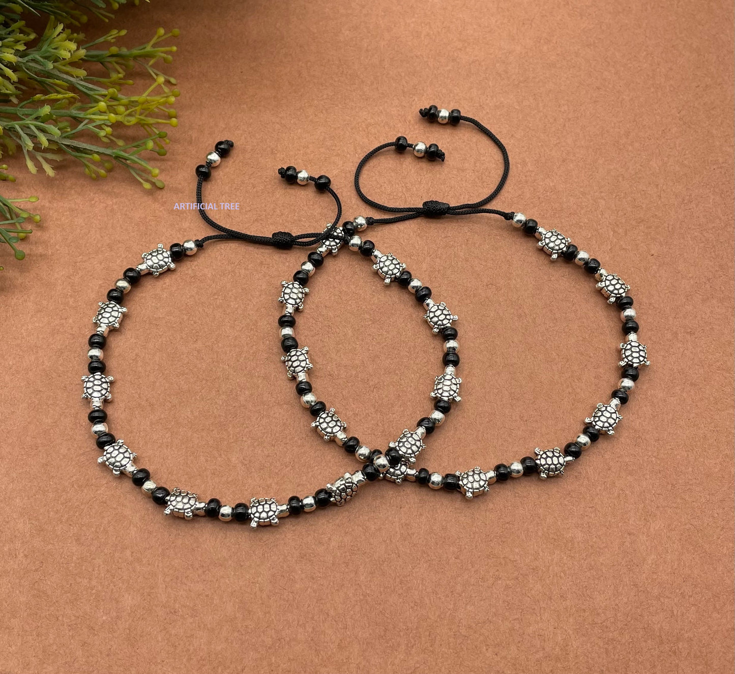 ARTIFICIAL TREE German Silver TORTOISE Charms Black Thread Adjustable Anklets for Women and Girls | Nazar Battu | (AT ANK 059)