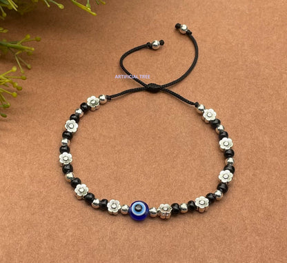 ARTIFICIAL TREE Handmade Nazariya FLOWER & Evil Eye Charms Black Thread Bracelet Adjustable| Nazar Battu | for Women, Men, Girls & Boys 1 Piece(AT GIRLS BRCT 049)