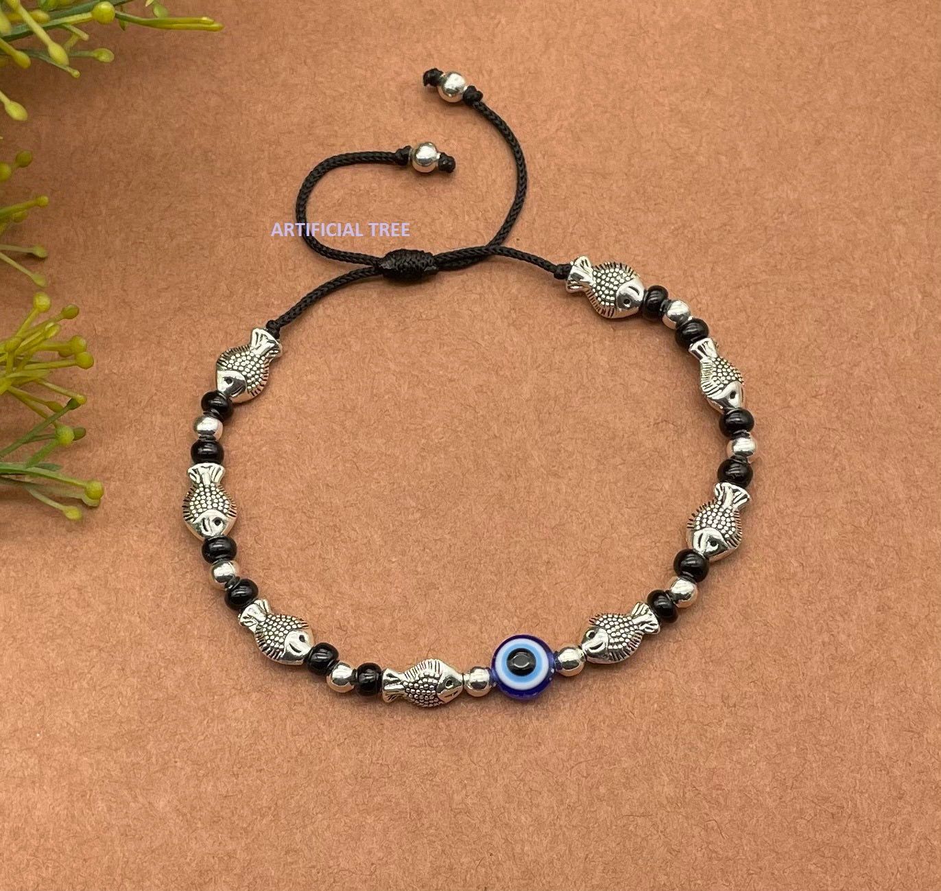 ARTIFICIAL TREE Handmade Nazariya FISH & Evil Eye Charms Black Thread Bracelet Adjustable for Women, Men, Girls & Boys 1 Piece(AT GIRLS BRCT 045)