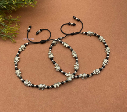 ARTIFICIAL TREE German Silver Elephant Charms Black Thread Adjustable Anklets for Women and Girls | Nazar Battu | (AT ANK 063)