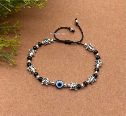 ARTIFICIAL TREE Handmade Nazariya TORTOISE & Evil Eye Charms Black Thread Bracelet Adjustable| Nazar Battu | for Women, Men, Girls & Boys 1 Piece(AT GIRLS BRCT 046)