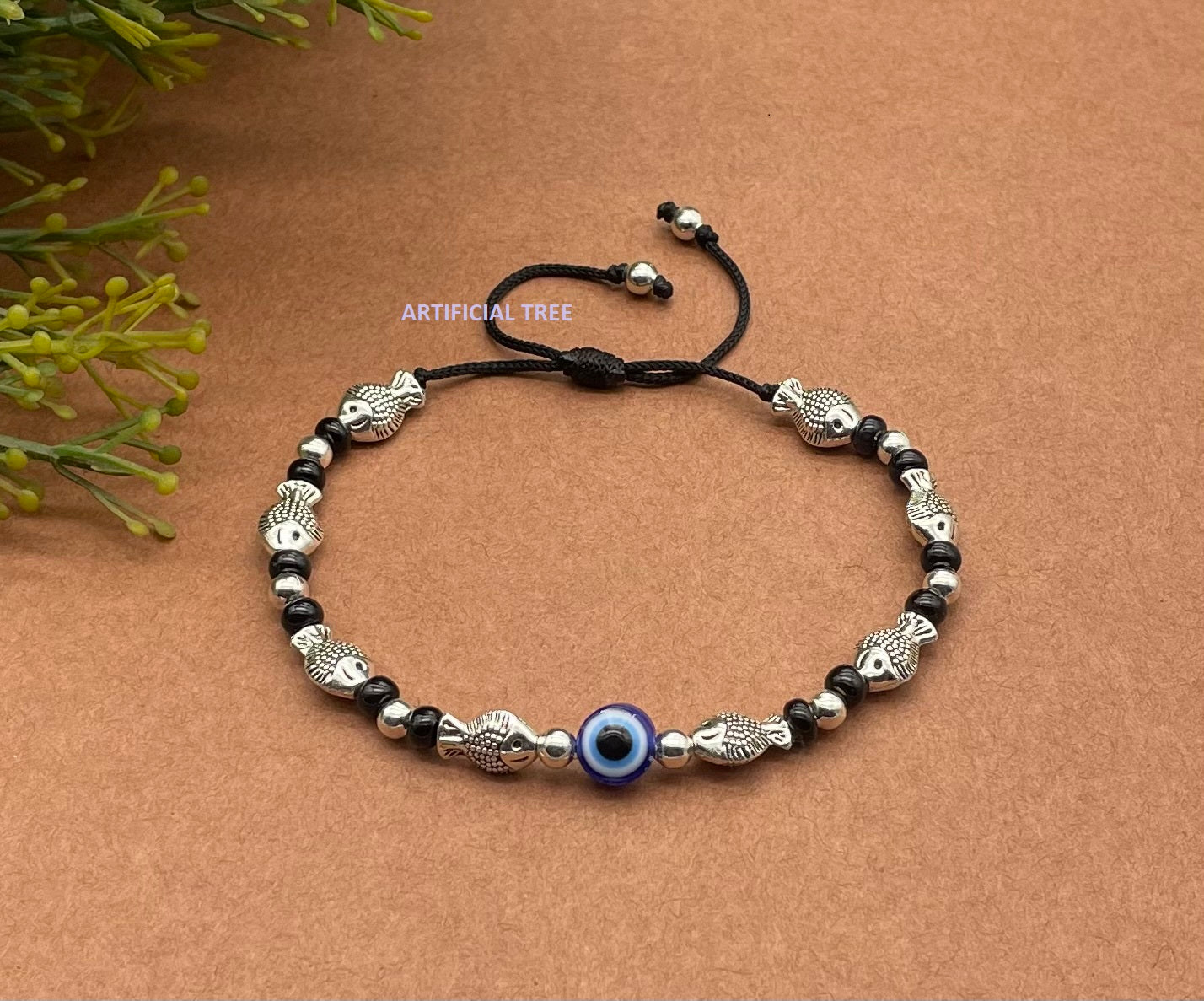 ARTIFICIAL TREE Handmade Nazariya FISH & Evil Eye Charms Black Thread Bracelet Adjustable for Women, Men, Girls & Boys 1 Piece(AT GIRLS BRCT 045)