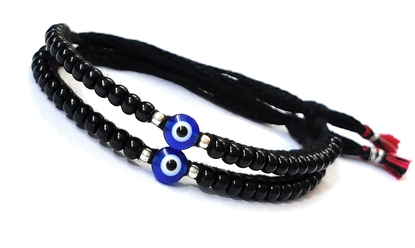 ARTIFICIAL TREE Evil Eye Nazaria Bracelet (2 Piece) | Black Beads Adjustable Bracelet for Newborn Baby to 5-Year-Old Child | Unisex Bracelet for Boys & Girls | Not for Anklet (AT KIDS 001)