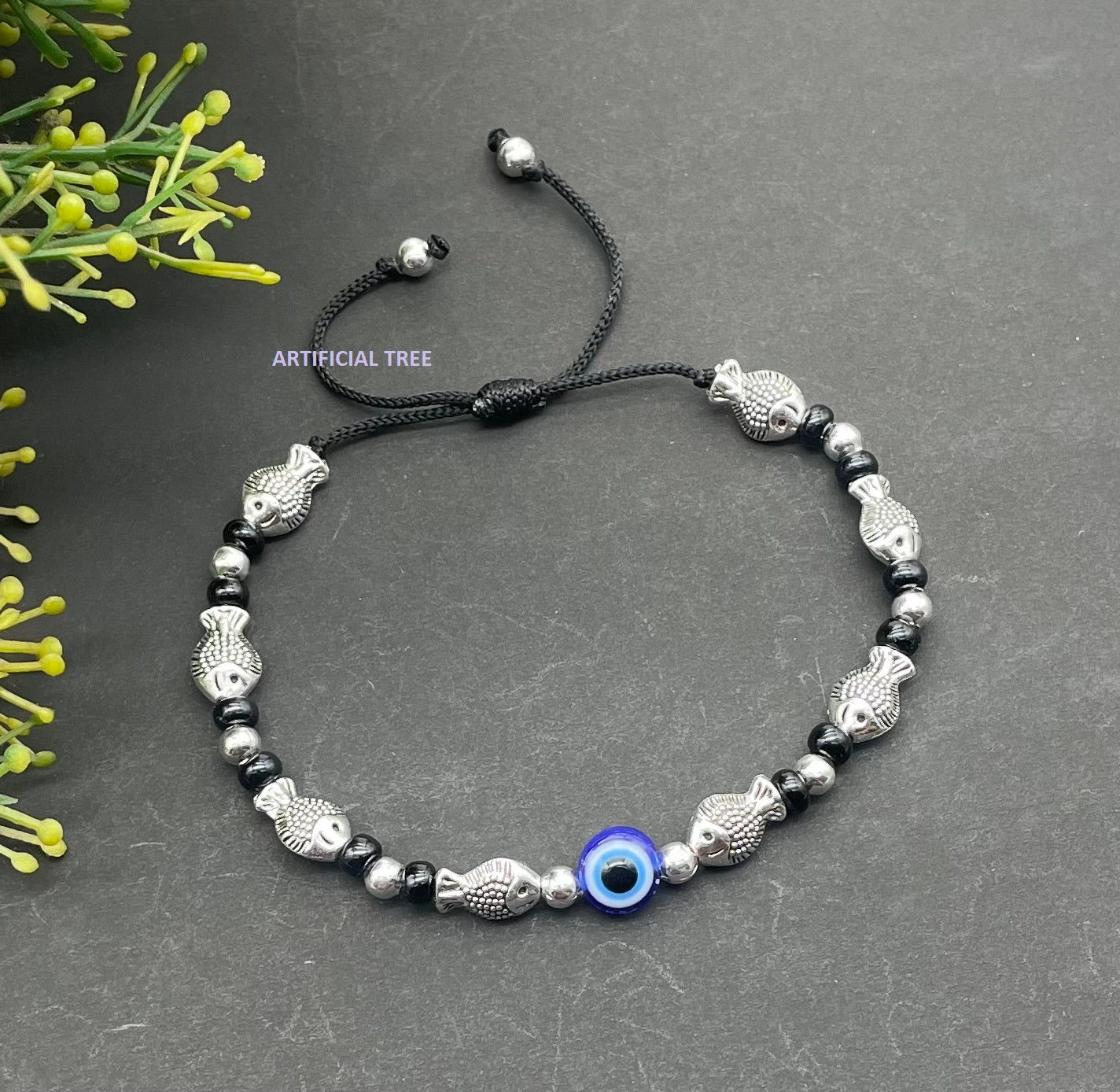 ARTIFICIAL TREE Handmade Nazariya FISH & Evil Eye Charms Black Thread Bracelet Adjustable for Women, Men, Girls & Boys 1 Piece(AT GIRLS BRCT 045)