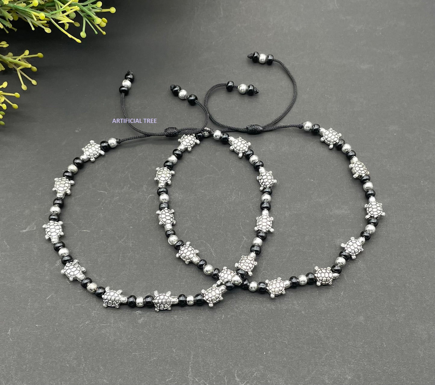 ARTIFICIAL TREE German Silver TORTOISE Charms Black Thread Adjustable Anklets for Women and Girls | Nazar Battu | (AT ANK 059)