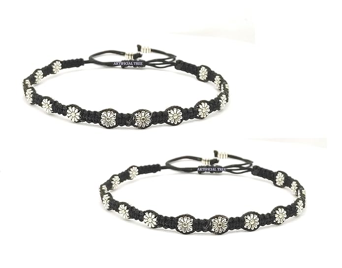 ARTIFICIAL JEWELS Handmade Black Thread Flower Nazariya Anklet | Payal For Women, Girls 2 piece (AT ANK 076)