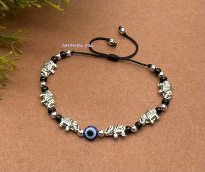 ARTIFICIAL TREE Handmade Nazariya ELEPHANT & Evil Eye Charms Black Thread Bracelet Adjustable for Women, Men, Girls & Boys 1 Piece (AT GIRLS BRCT 047)