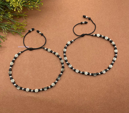 ARTIFICIAL TREE German Silver FLOWER Charms Black Thread Adjustable Anklets for Women and Girls | Nazar Battu | (AT ANK 061)